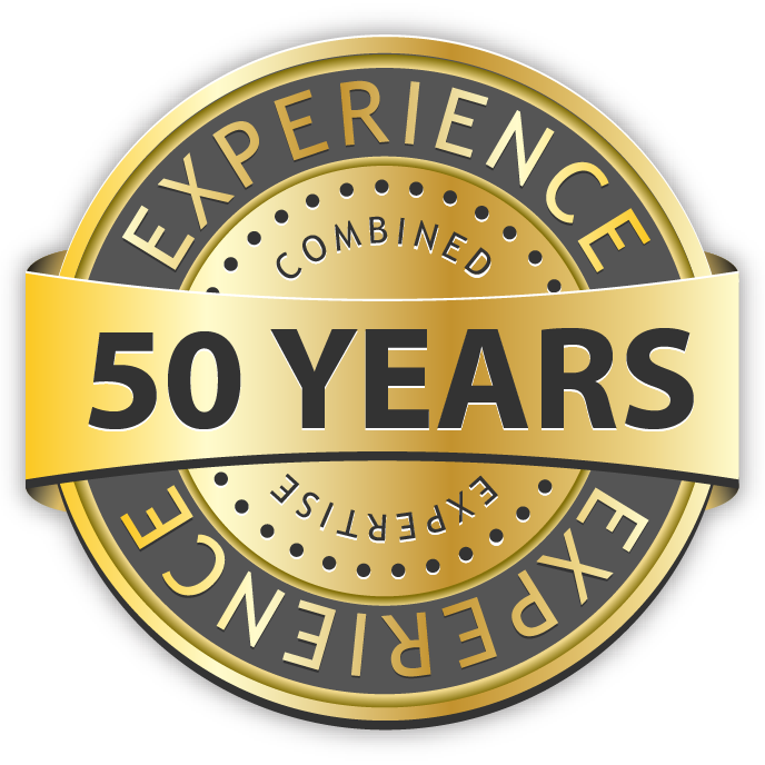 50 years of combined experience seal, gold and black design, highlighting expertise in hail damage inspection and roofing services.