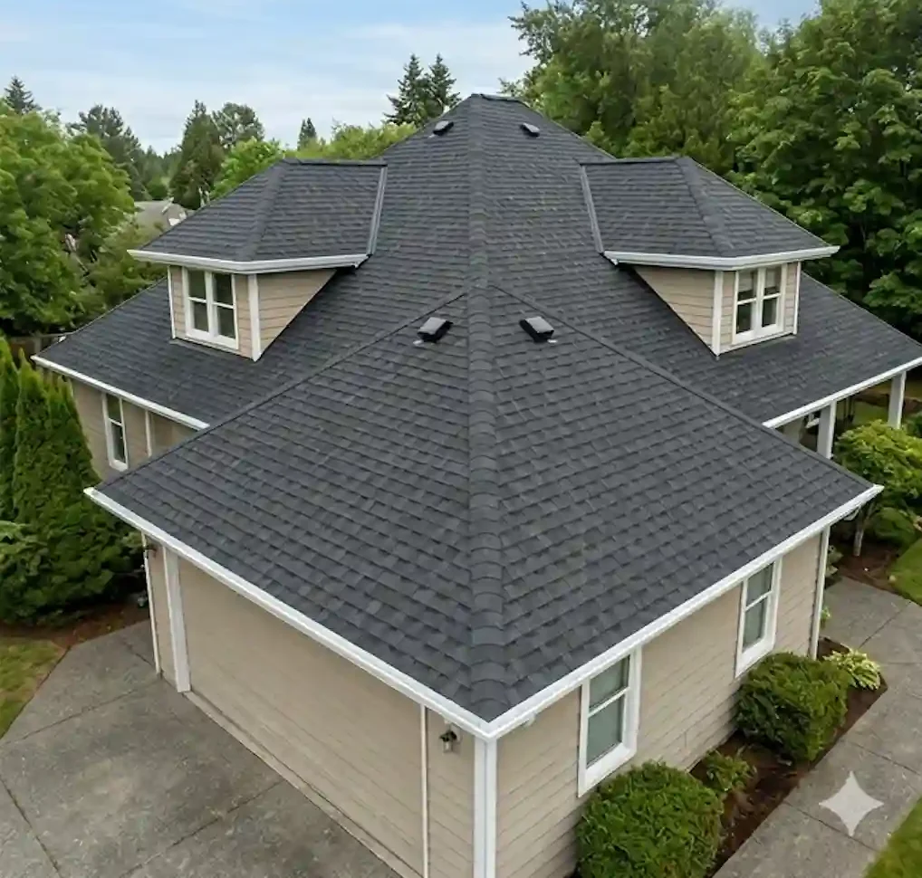 Aerial view of a residential home showcasing a newly installed dark shingle roof, surrounded by lush greenery and a well-maintained yard, emphasizing quality roofing services by Sorensen Roofing & Restoration.