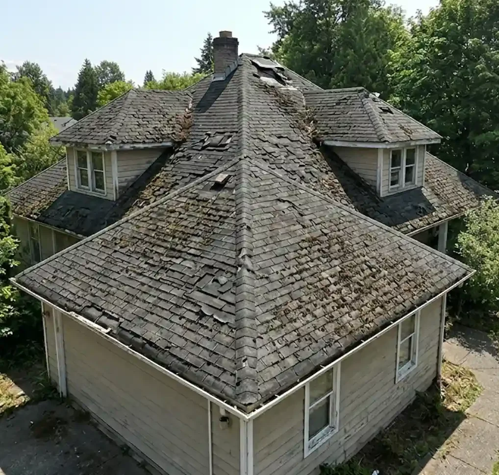 Damaged and weathered roof shingles on a multi-gabled house, illustrating the need for roofing services and restoration.