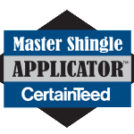 Master Shingle Applicator certification logo from CertainTeed, representing expertise in roofing and hail damage restoration services.