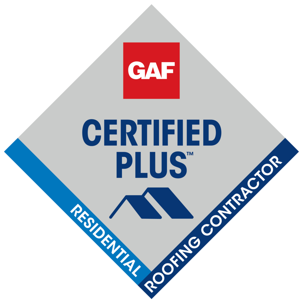 GAF Certified Plus logo for residential roofing contractor, showcasing quality assurance and professional standards in roofing services.