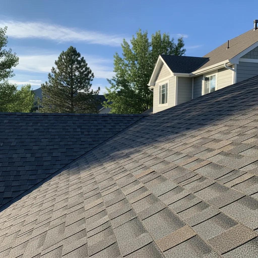 Close-up of asphalt shingles on a Northern Colorado home, illustrating texture and color variations