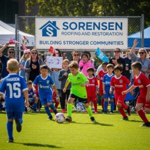 Community youth sports event sponsored by Sorensen Roofing, showcasing young athletes and community engagement