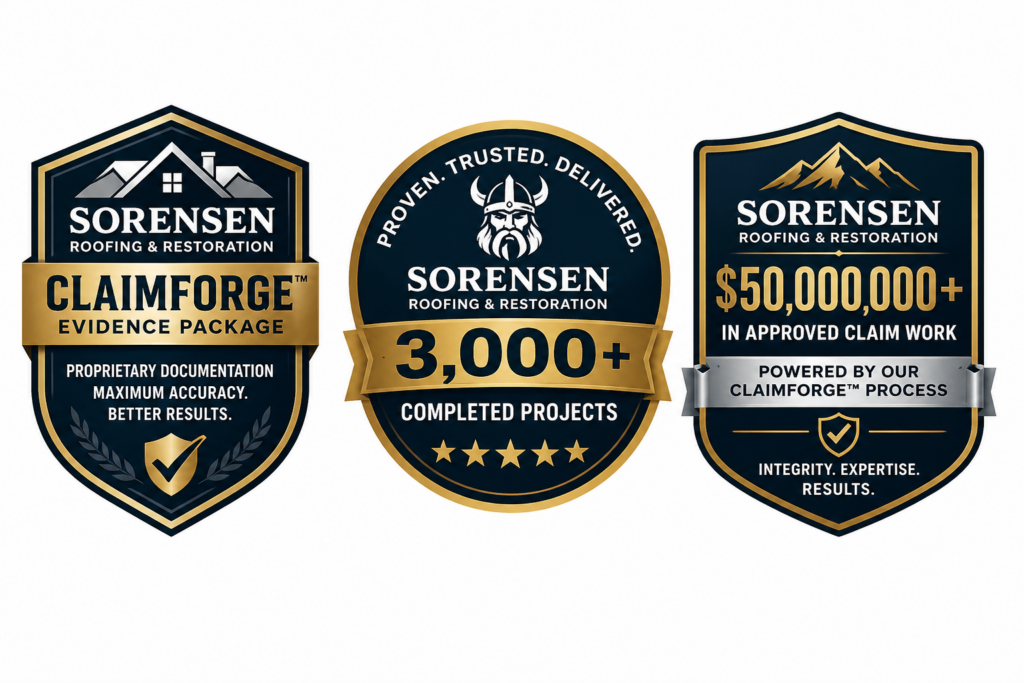 Sorensen Roofing & Restoration badges showcasing ClaimForge Evidence Package, 3,000+ completed projects, and over $50 million in approved claim work, emphasizing professional documentation and expertise in hail damage inspections.