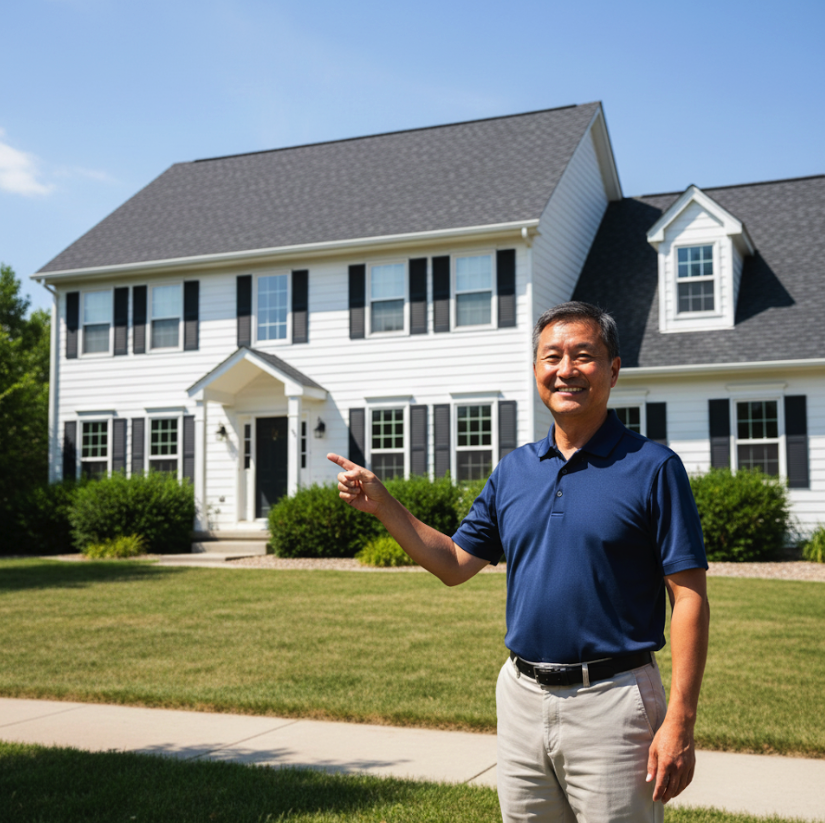 Homeowner David Chen standing in front of his white two-story house with a new roof, smiling and pointing, showcasing the successful roof replacement by Sorensen Roofing & Restoration.