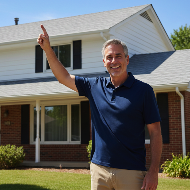Man smiling and pointing at newly replaced roof of house, showcasing quality roofing work by Sorensen Roofing & Restoration.