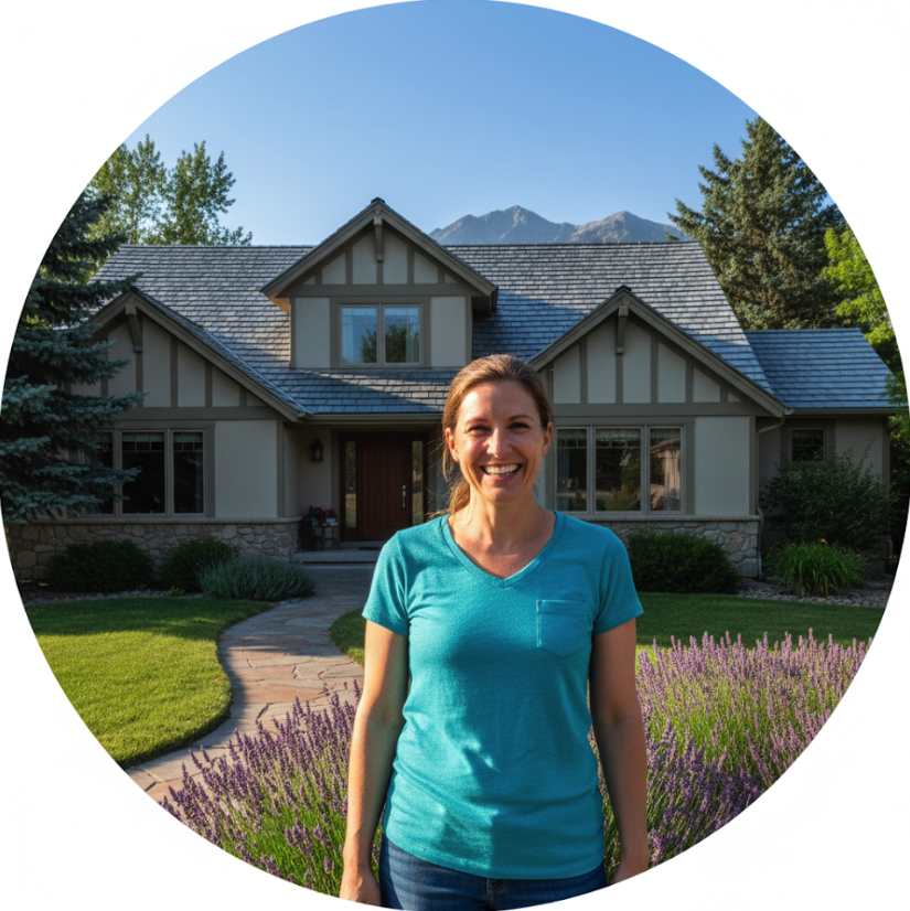 Smiling woman in a blue shirt standing in front of a well-maintained home with a new roof, surrounded by lavender and greenery, showcasing customer satisfaction with Sorensen Roofing & Restoration.