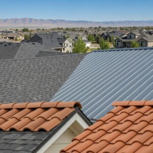Diverse roofing materials in a Northern Colorado neighborhood, showcasing asphalt shingles, metal roofing, and tile roofing