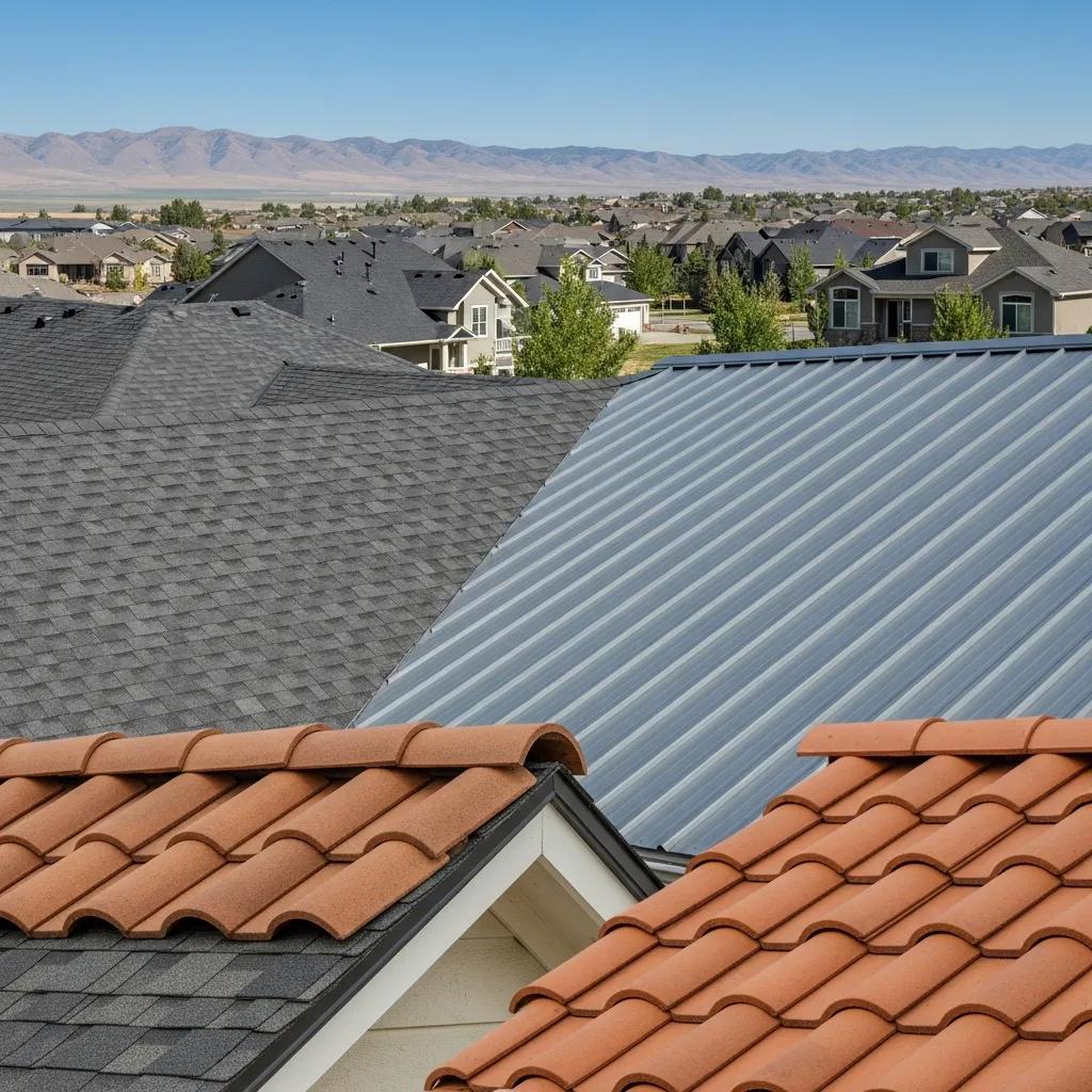 Diverse roofing materials in a Northern Colorado neighborhood, showcasing asphalt shingles, metal roofing, and tile roofing