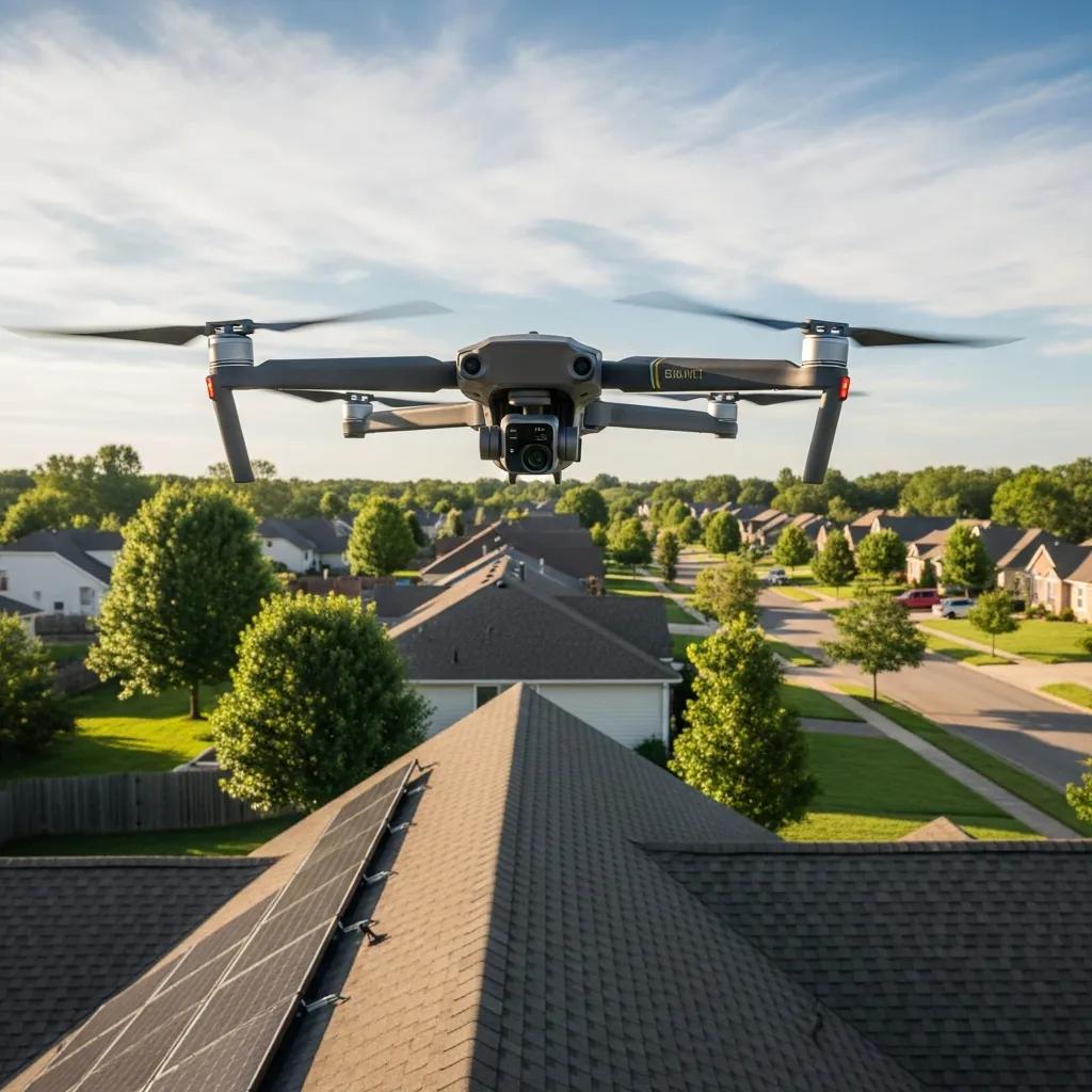 Drone conducting a roof inspection, showcasing modern roofing technology