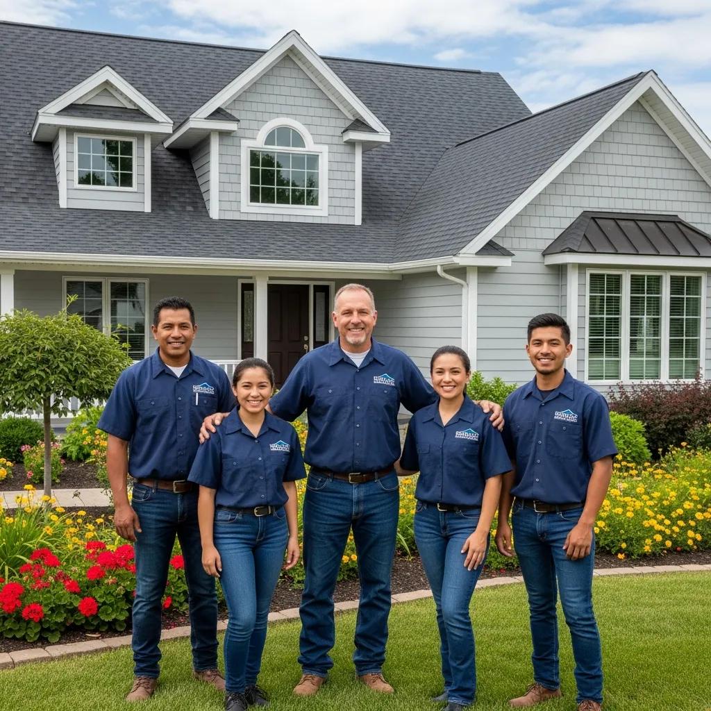 Family-owned roofing team in front of a home showcasing quality roofing services