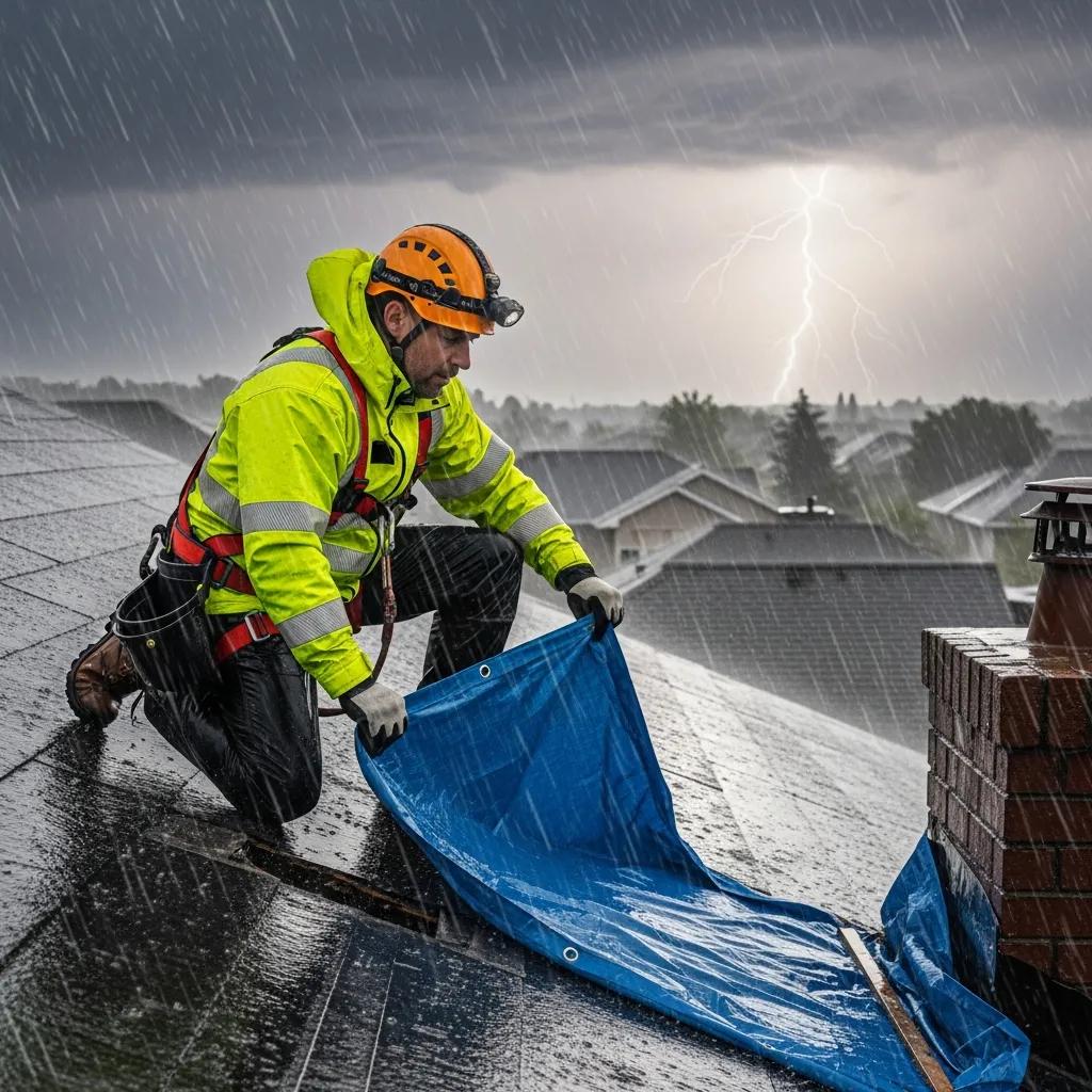Roofing expert performing emergency repairs with safety gear during a storm